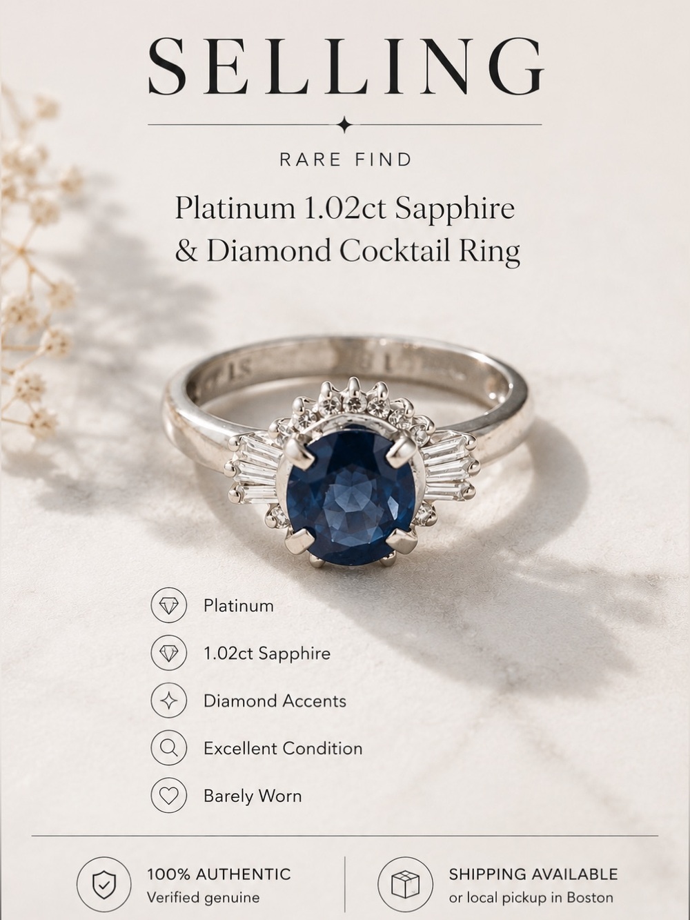 Platinum 1.02ct Sapphire & Diamond Cocktail Ring